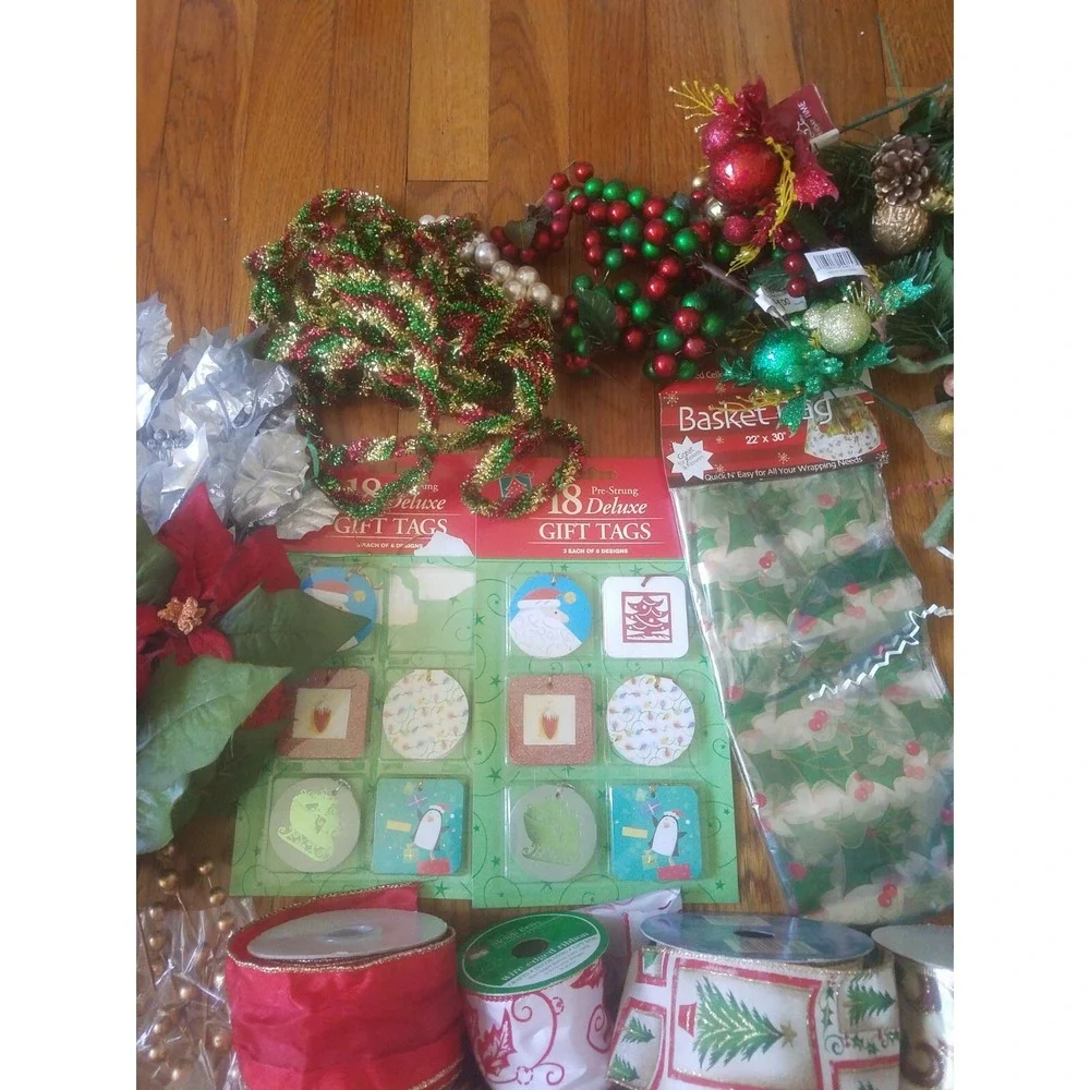 Big Lot Of Holiday Christmas Gift Baskets Supplies Ribbons Picks Tags Ornaments